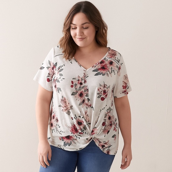In Every Story Floral Twist-front Linen Blend Tee 0X - Picture 1 of 11